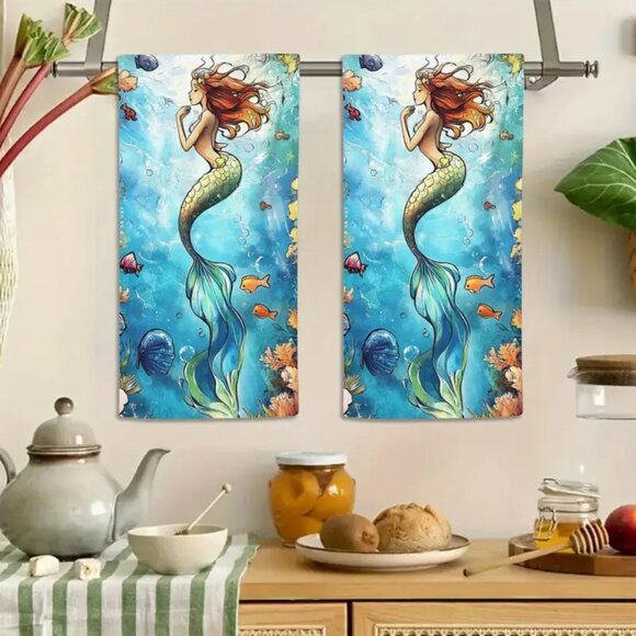 SET of 2 - Super Soft Kitchen Towels - Deep Sea Mermaid Pattern - Beach Decor - Picture 3 of 6